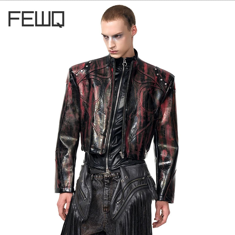 FEWQ High Street Men's PU Leather Jackets Stand Collar Shoulder Pads Dirty-dying Contrast Color Loose Male Short Coats 24K5621