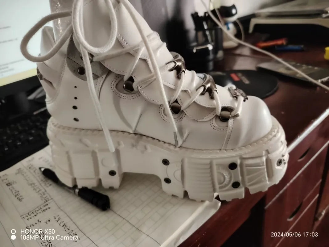 2025 Cyberpunk Heavy Metal Women's Small Height Increasing Lace-up Men Tabby Dark Goth Rock Platform Shoes 8cm