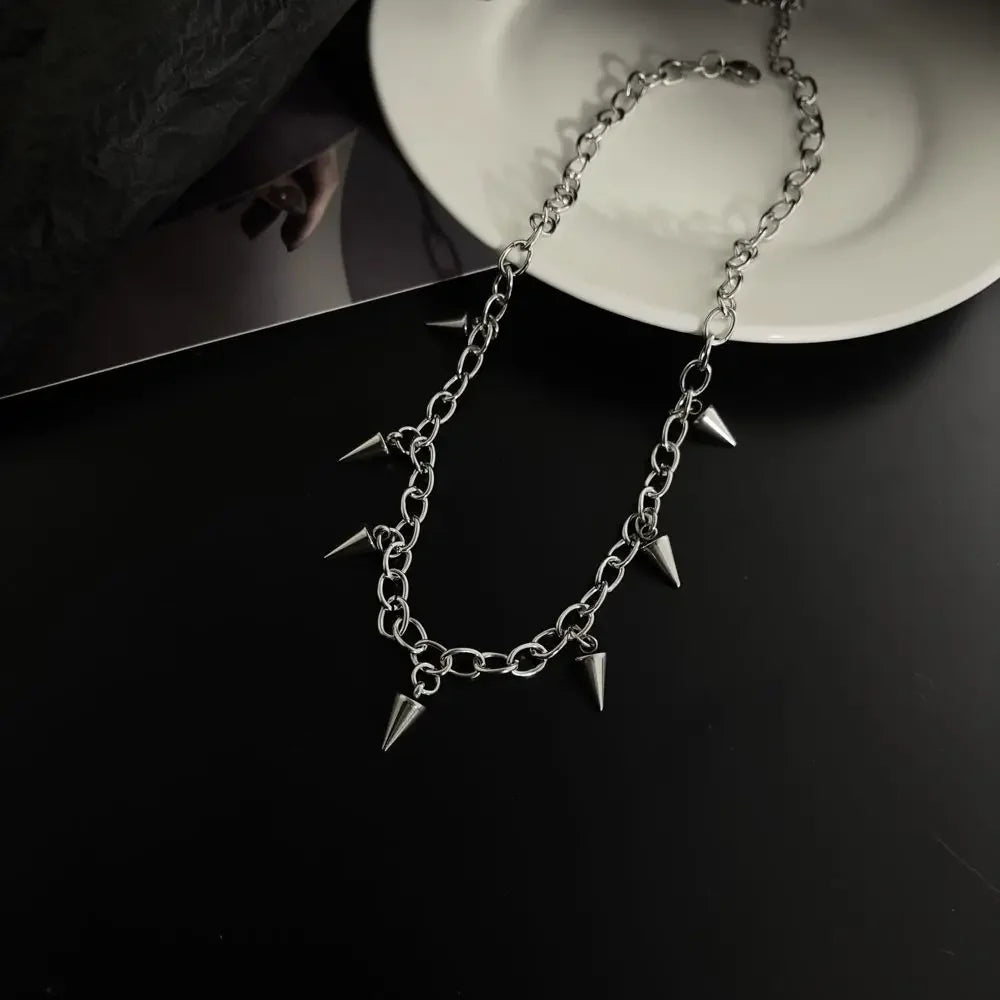 Men Punk Style Rivet Tassel Necklace Hip Hop Women Fashion Geometric Titanium Steel Chain Necklace