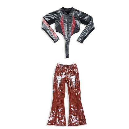2025 Fashion Girls Jazz Dance Clothes Leather Tops Trousers Red Performance Suit Hip Hop Dance Costume Kids Stage Wear  BL18021