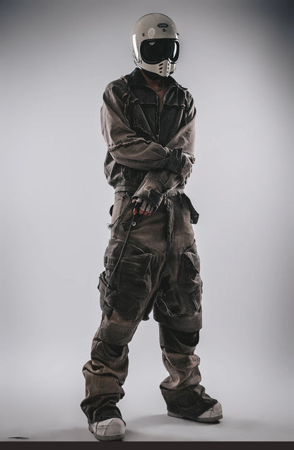 Waste Soil Style Washed Frayed Rough Edge Short Jacket Men Profile Distressed Flip Collar Coat