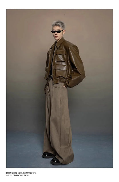 Y2K Mens PU Leather Jacket Pocket Motorcycle Coat Flip Collar Casual Gothic High Street Dark Silhouette Top Men's Wear 2025