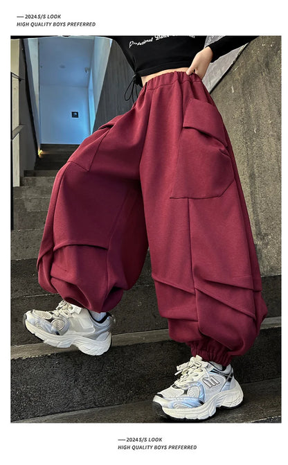 2025 Hot Sale Loose Hip-hop Pants For Girl Kids Fashion High Street Child Black Burgundy Chocolate Trousers Streewear Trackpants