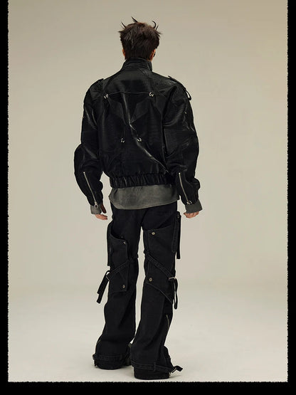 Mauroicardi Spring Autumn Cool Short Shiny Black Crocodile Print Pu Leather Jacket Men Luxury Designer Y2K Streetwear Clothes