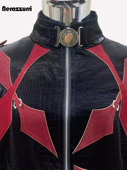 Mauroicardi Autumn Short Color Block Crocodile Print Faux Leather Jacket Men Stand Collar Luxury Designer Punk Style Emo Clothes