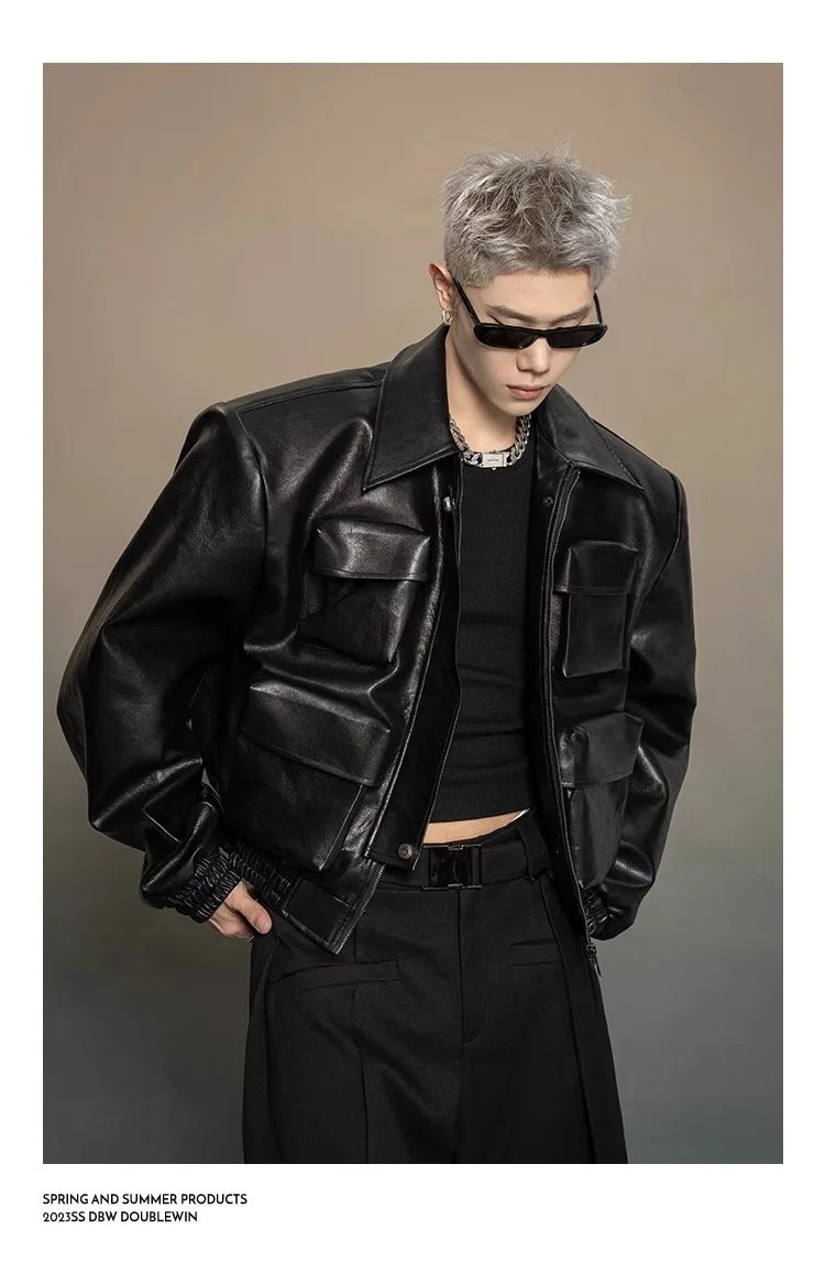 Y2K Mens PU Leather Jacket Pocket Motorcycle Coat Flip Collar Casual Gothic High Street Dark Silhouette Top Men's Wear 2025
