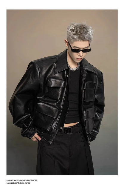 Y2K Mens PU Leather Jacket Pocket Motorcycle Coat Flip Collar Casual Gothic High Street Dark Silhouette Top Men's Wear 2025