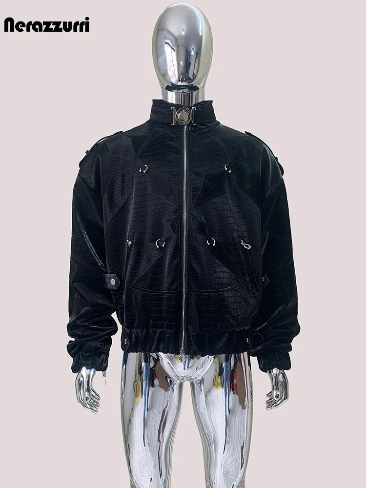 Mauroicardi Autumn Short Color Block Crocodile Print Faux Leather Jacket Men Stand Collar Luxury Designer Punk Style Emo Clothes