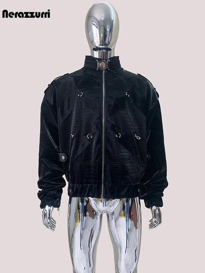 Mauroicardi Autumn Short Color Block Crocodile Print Faux Leather Jacket Men Stand Collar Luxury Designer Punk Style Emo Clothes