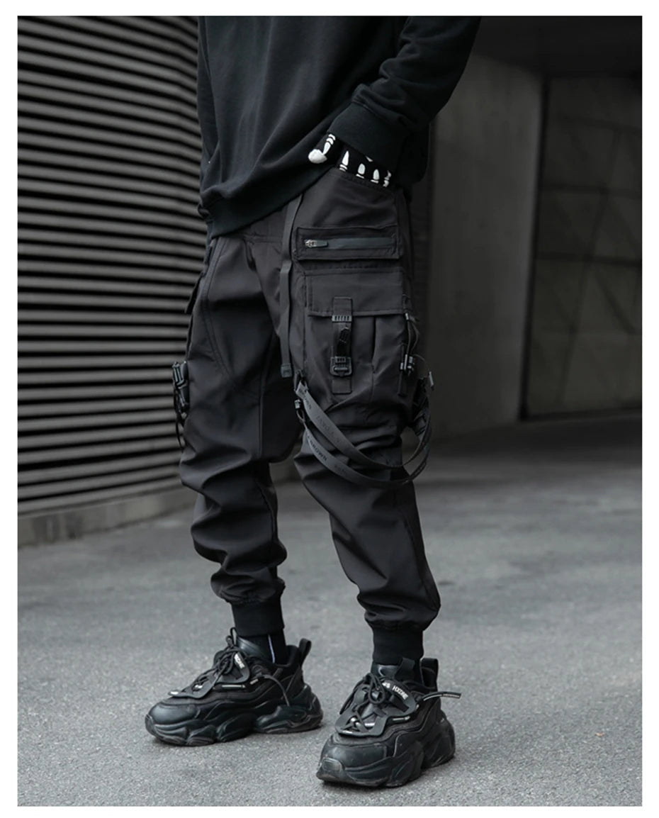 Hip Hop Tactical Cargo Pants Men Ribbons Joggers Trousers 2023 Spring Functional Elastic Waist Fahsion Streetwear Pant