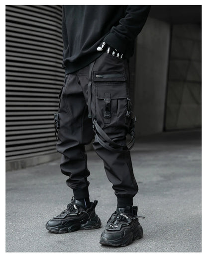 Hip Hop Tactical Cargo Pants Men Ribbons Joggers Trousers 2023 Spring Functional Elastic Waist Fahsion Streetwear Pant