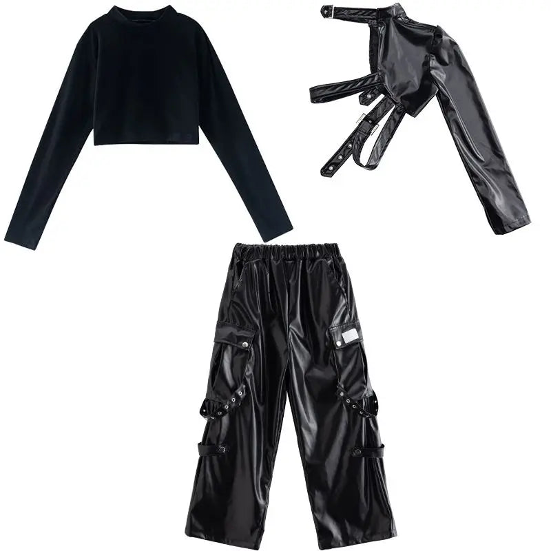 Jazz Dance Girls Clothes Kids Hip Hop Dance Costume Black Leather Crop Tops Hiphop Pants Catwalk Performance Clothing BL13600