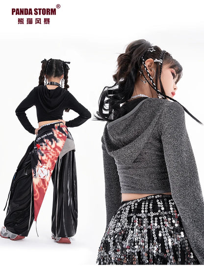Fashion Girls Hip Hop Dance Clothing Long Sleeves Tops Baggy Pants Kids Jazz Kpop Performance Costume Street Dance Wear BL17513