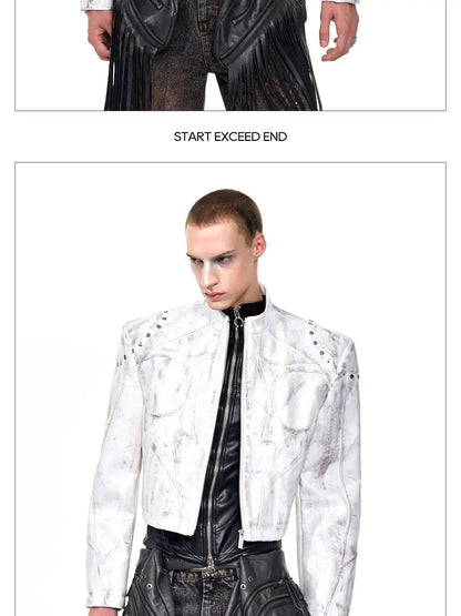 FEWQ High Street Men's PU Leather Jackets Stand Collar Shoulder Pads Dirty-dying Contrast Color Loose Male Short Coats 24K5621