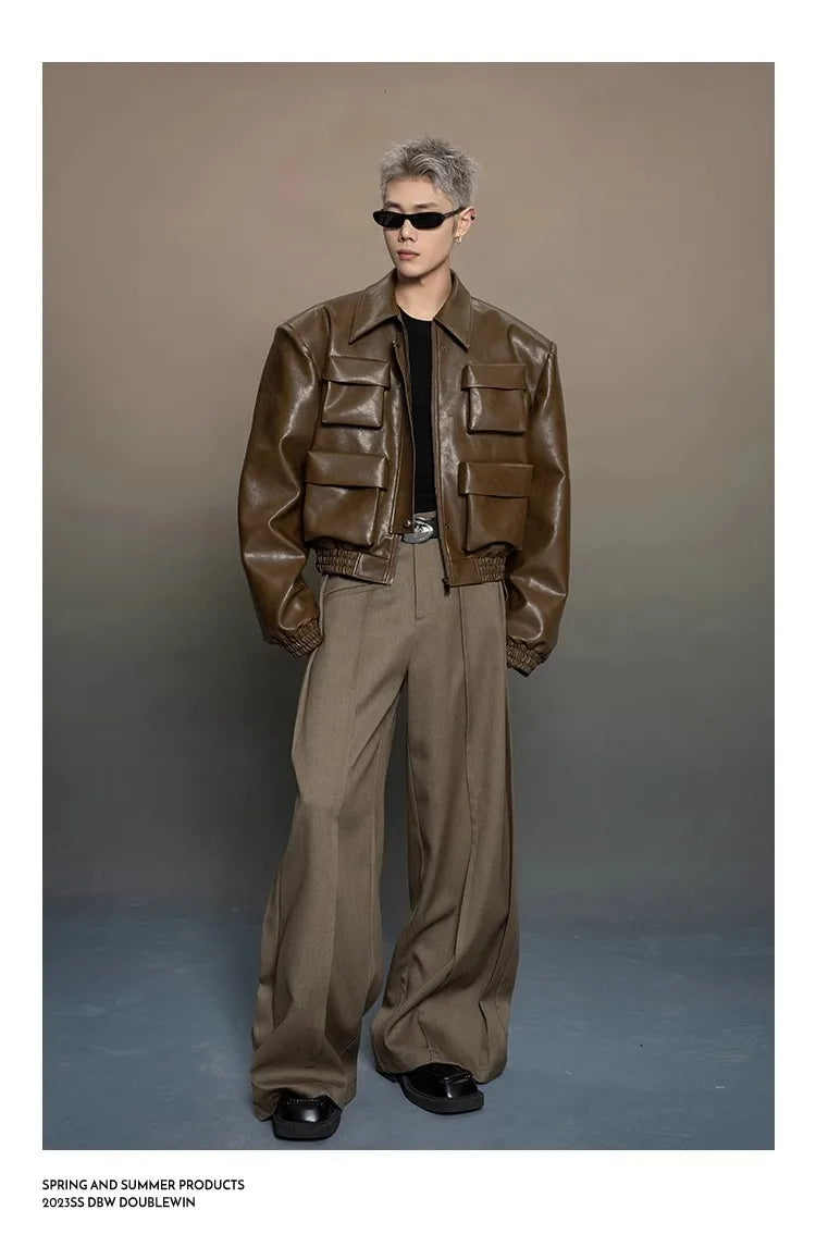 Y2K Mens PU Leather Jacket Pocket Motorcycle Coat Flip Collar Casual Gothic High Street Dark Silhouette Top Men's Wear 2025