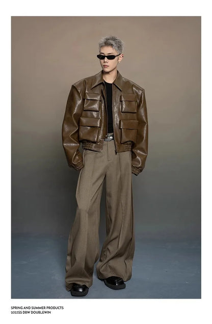 Y2K Mens PU Leather Jacket Pocket Motorcycle Coat Flip Collar Casual Gothic High Street Dark Silhouette Top Men's Wear 2025