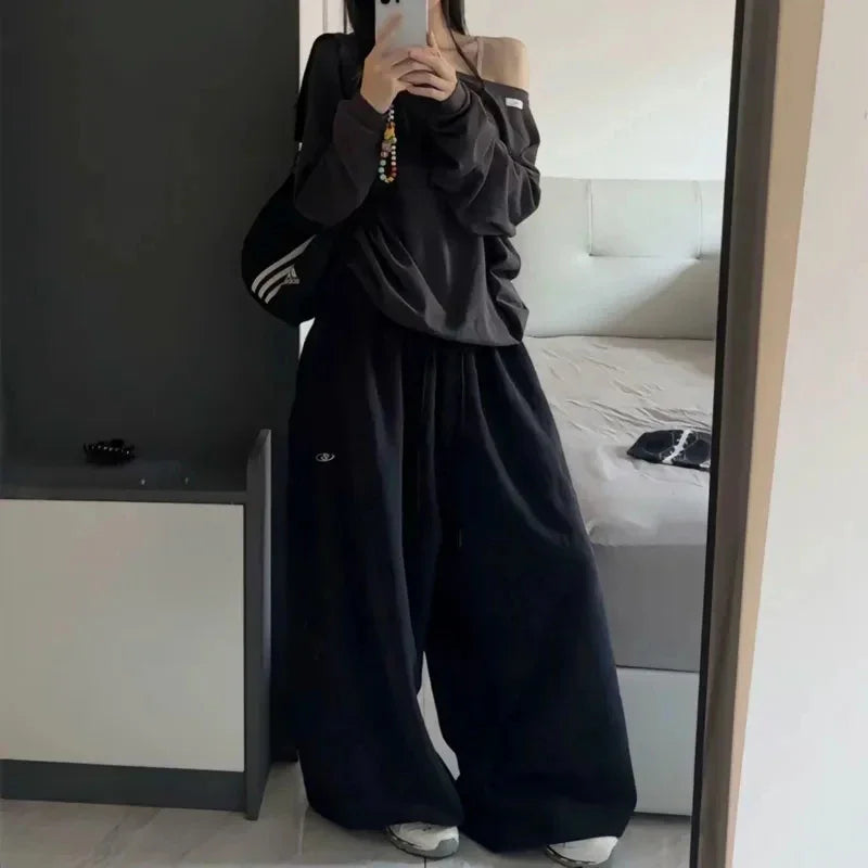 American Retro Hip-Hop Oversized Woman Black Casual Sweatpants Korean Streetwear Loose Jogging Pants High Waist Wide-Leg Pants