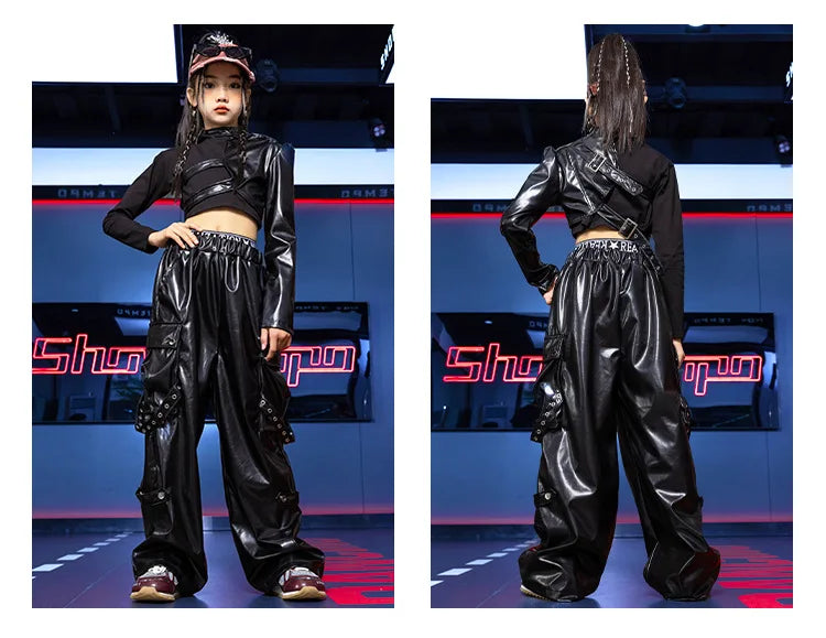 Jazz Dance Girls Clothes Kids Hip Hop Dance Costume Black Leather Crop Tops Hiphop Pants Catwalk Performance Clothing BL13600