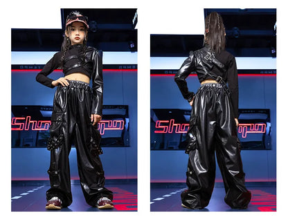 Jazz Dance Girls Clothes Kids Hip Hop Dance Costume Black Leather Crop Tops Hiphop Pants Catwalk Performance Clothing BL13600