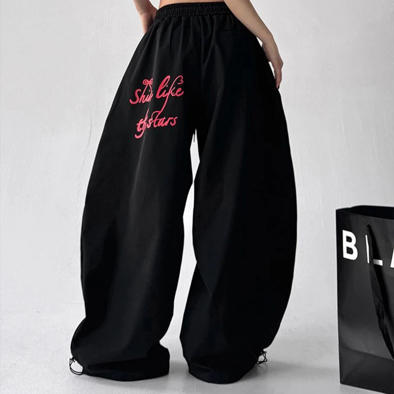 Jazz Dance Black Pants Women High Waisted Harajuku Y2K American Trousers Street Embroidered Vintage Solid Lazy Hiphop Pants