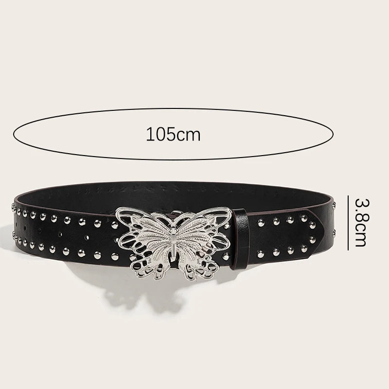 Retro Punk Style Rivet Belt For Women Girls Trendy Personality Butterfly Buckle Wide Belt Luxury Fashion Waistband Jeans Belt