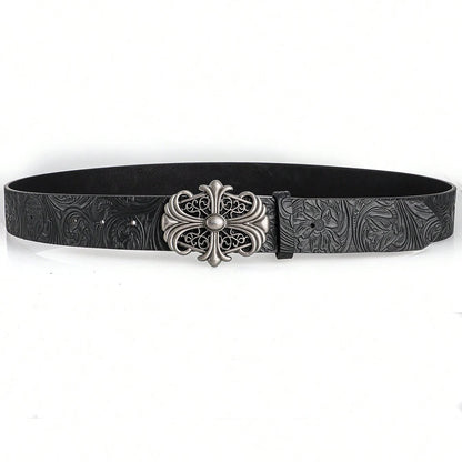 Retro Men's Belt Bohemian Style-Chic Black PU Leather Belt Fashion Vintage Hollow Buckle Belt Punk Rock Y2K Style，For Men Women