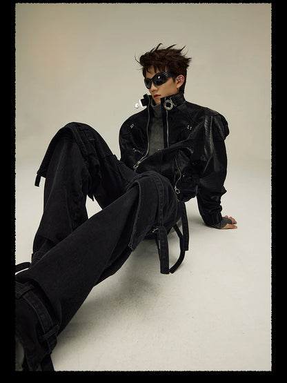 Mauroicardi Spring Autumn Cool Short Shiny Black Crocodile Print Pu Leather Jacket Men Luxury Designer Y2K Streetwear Clothes