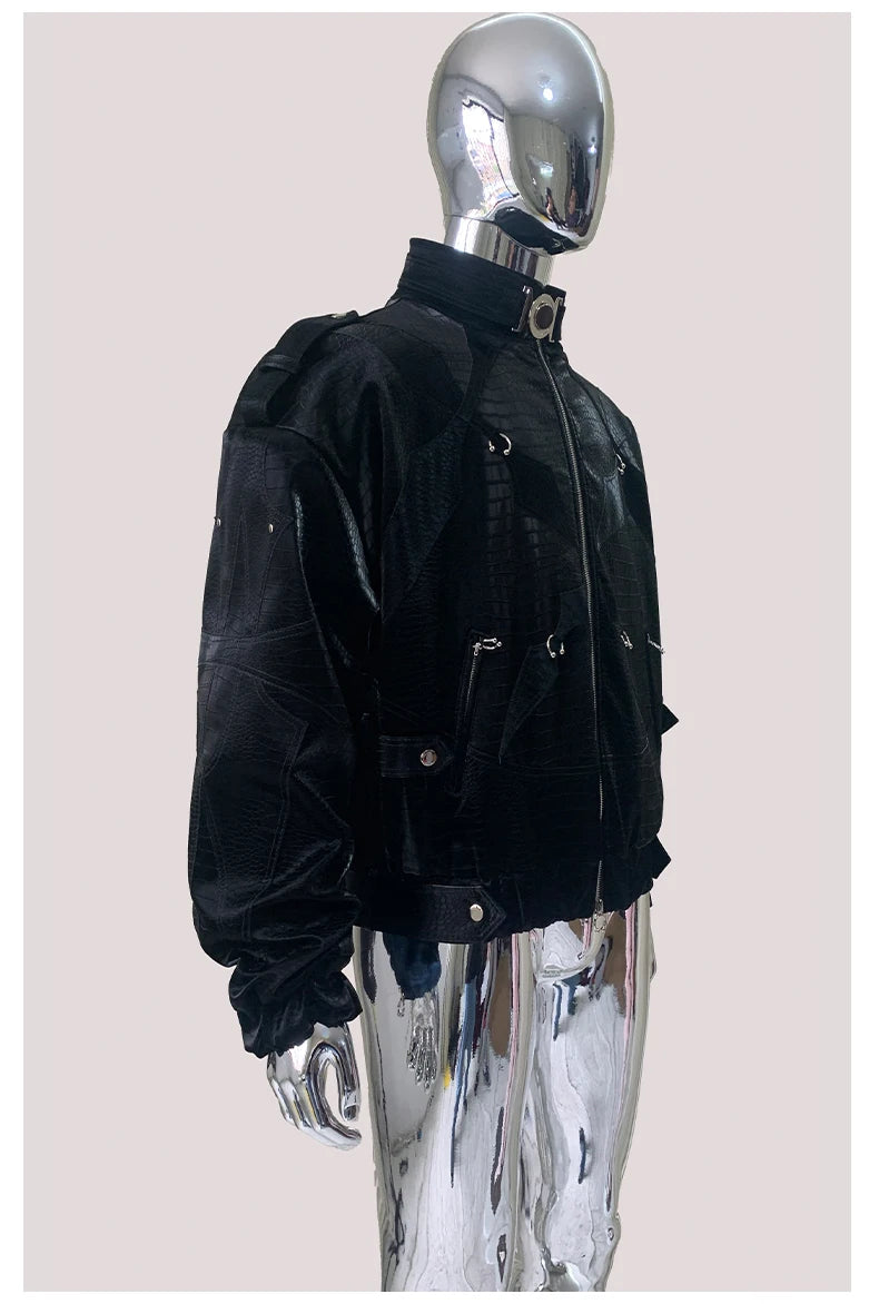 Mauroicardi Autumn Short Color Block Crocodile Print Faux Leather Jacket Men Stand Collar Luxury Designer Punk Style Emo Clothes