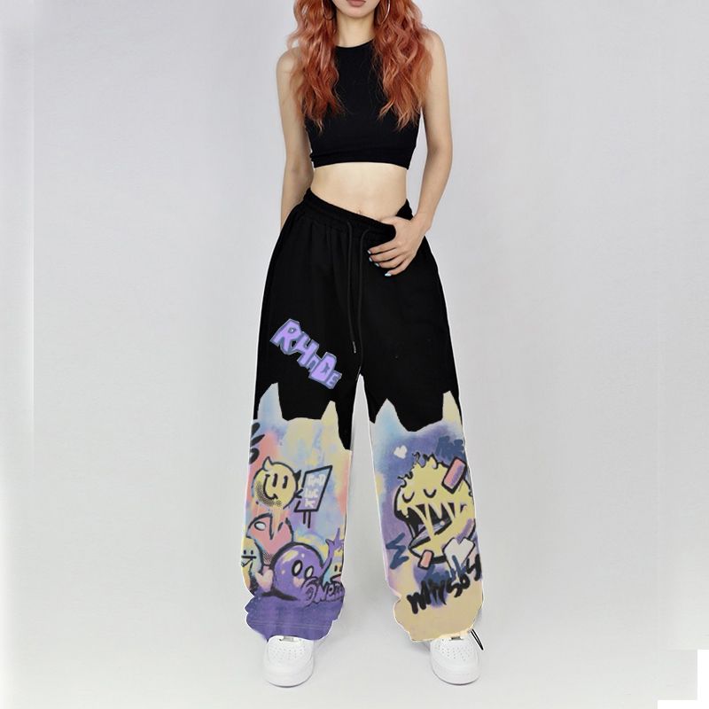 American Street Hip Hop Straight Graffiti Casual Pants New Fashion Casual High Waist Pockets Jazz Dance Sports Wide Leg Trousers