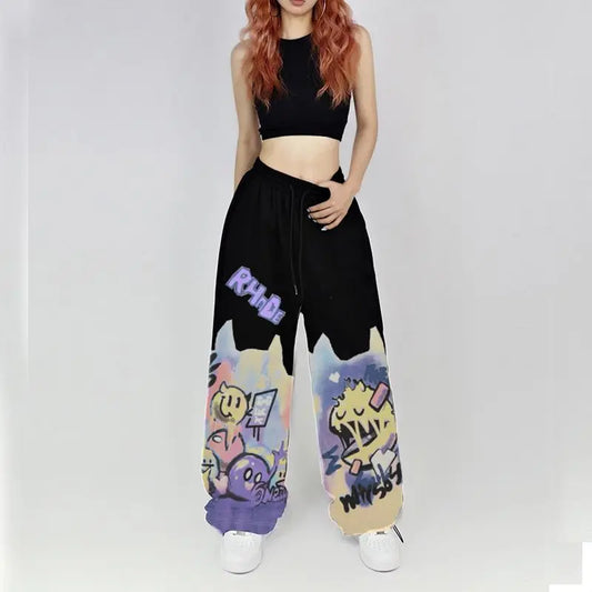 American Street Hip Hop Straight Graffiti Casual Pants New Fashion Casual High Waist Pockets Jazz Dance Sports Wide Leg Trousers