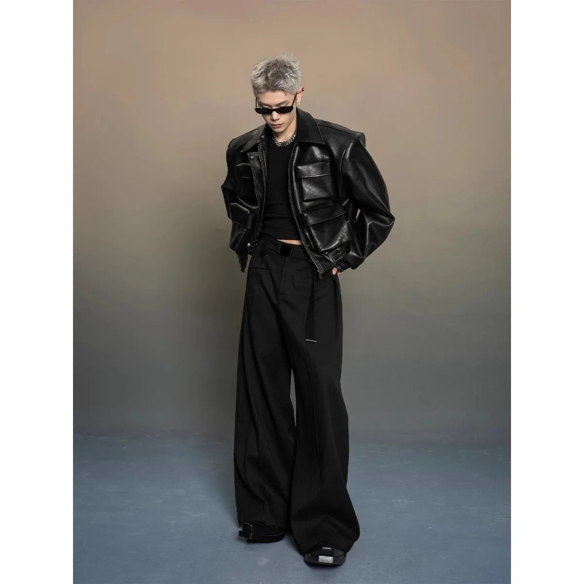 Y2K Mens PU Leather Jacket Pocket Motorcycle Coat Flip Collar Casual Gothic High Street Dark Silhouette Top Men's Wear 2025