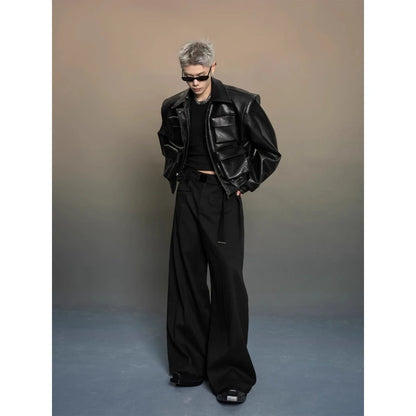 Y2K Mens PU Leather Jacket Pocket Motorcycle Coat Flip Collar Casual Gothic High Street Dark Silhouette Top Men's Wear 2025