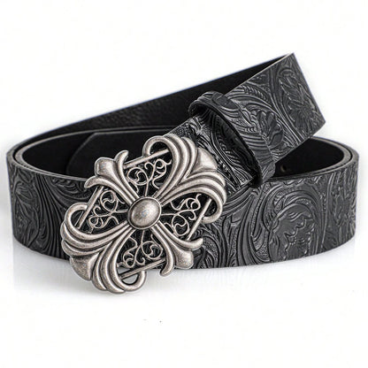 Retro Men's Belt Bohemian Style-Chic Black PU Leather Belt Fashion Vintage Hollow Buckle Belt Punk Rock Y2K Style，For Men Women