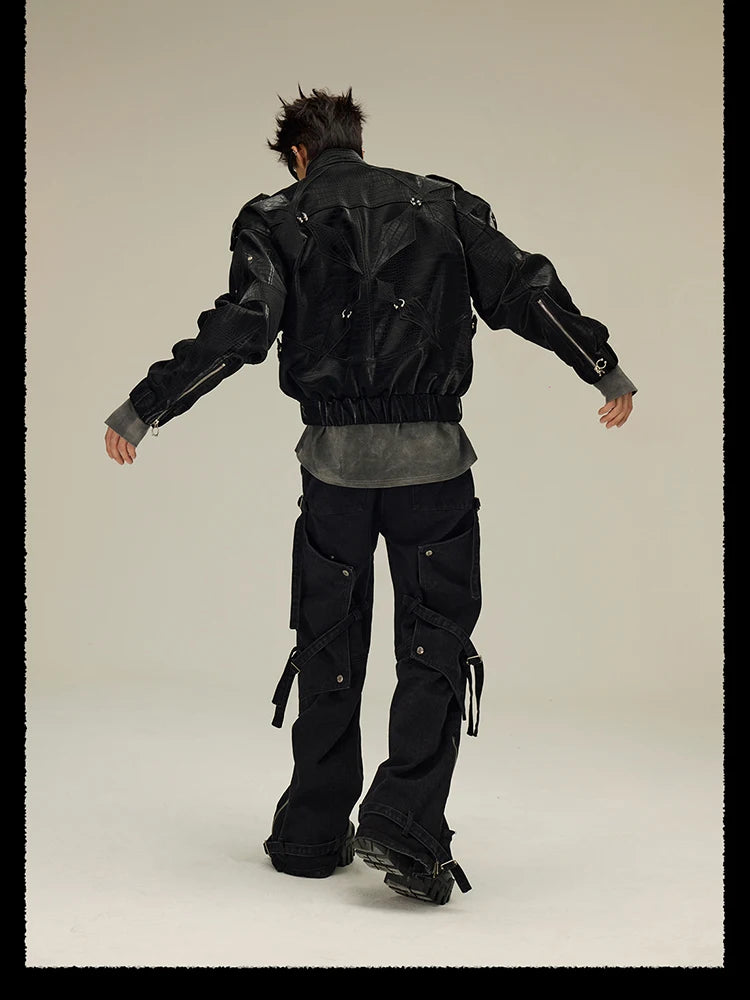 Mauroicardi Spring Autumn Cool Short Shiny Black Crocodile Print Pu Leather Jacket Men Luxury Designer Y2K Streetwear Clothes