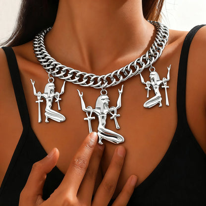 Vintage Egypt Triple Ankh Cross Pendant Necklace For Woman Amulet Chunky Chain Necklace Fashion Jewelry Accessories Gifts