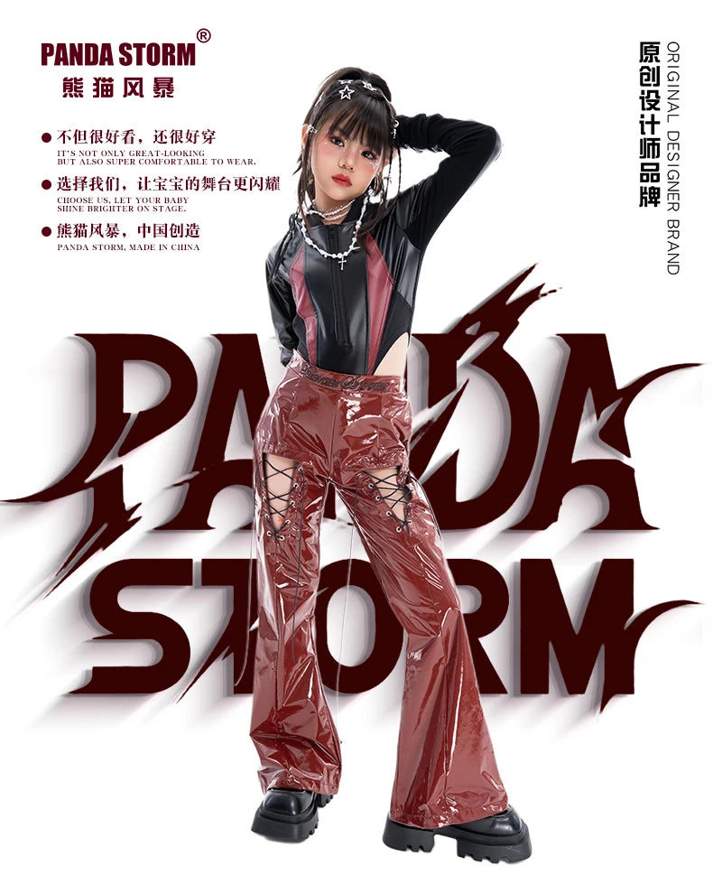 2025 Fashion Girls Jazz Dance Clothes Leather Tops Trousers Red Performance Suit Hip Hop Dance Costume Kids Stage Wear  BL18021
