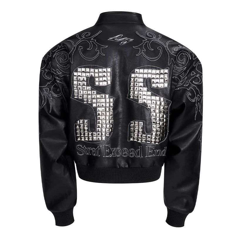 Motorcycle Style Black Short PU Leather Jacket Metal Letter Embroidered Leather Coat Men