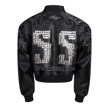 Motorcycle Style Black Short PU Leather Jacket Metal Letter Embroidered Leather Coat Men