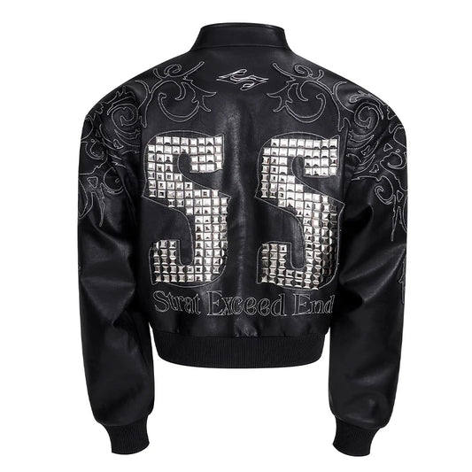 Motorcycle Style Black Short PU Leather Jacket Metal Letter Embroidered Leather Coat Men