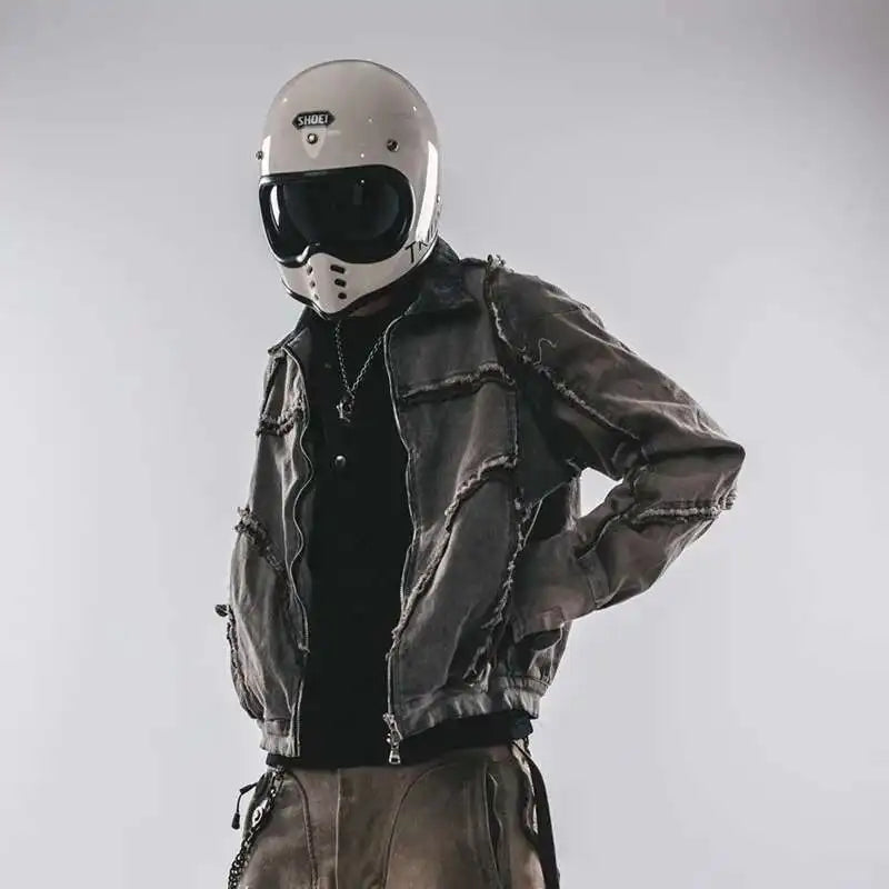 HKSH Spring Autumn New Men's Tide Punk Splice Jackets Split Burr Washed Retro Waste Land Chic Coat Dark Cotton Streetwear HK2418