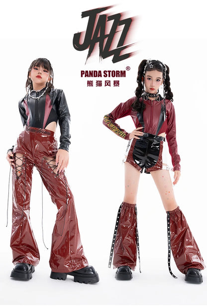 2025 Fashion Girls Jazz Dance Clothes Leather Tops Trousers Red Performance Suit Hip Hop Dance Costume Kids Stage Wear  BL18021