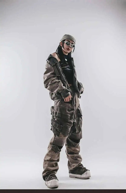 HKSH Spring Autumn New Men's Tide Punk Splice Jackets Split Burr Washed Retro Waste Land Chic Coat Dark Cotton Streetwear HK2418