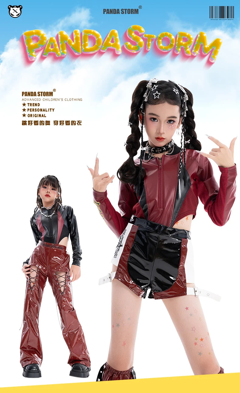 2025 Fashion Girls Jazz Dance Clothes Leather Tops Trousers Red Performance Suit Hip Hop Dance Costume Kids Stage Wear  BL18021