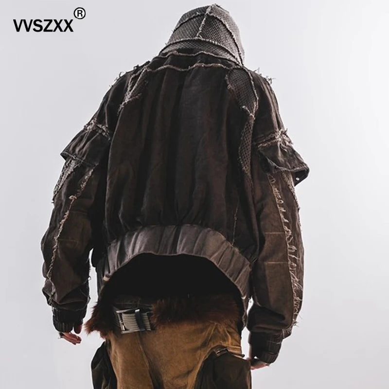 Waste Soil Style Men Stereoscopic Cut Mesh Splicing Hooded Short Jacket Washed Distressed Coat Men
