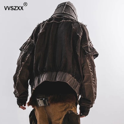 Waste Soil Style Men Stereoscopic Cut Mesh Splicing Hooded Short Jacket Washed Distressed Coat Men