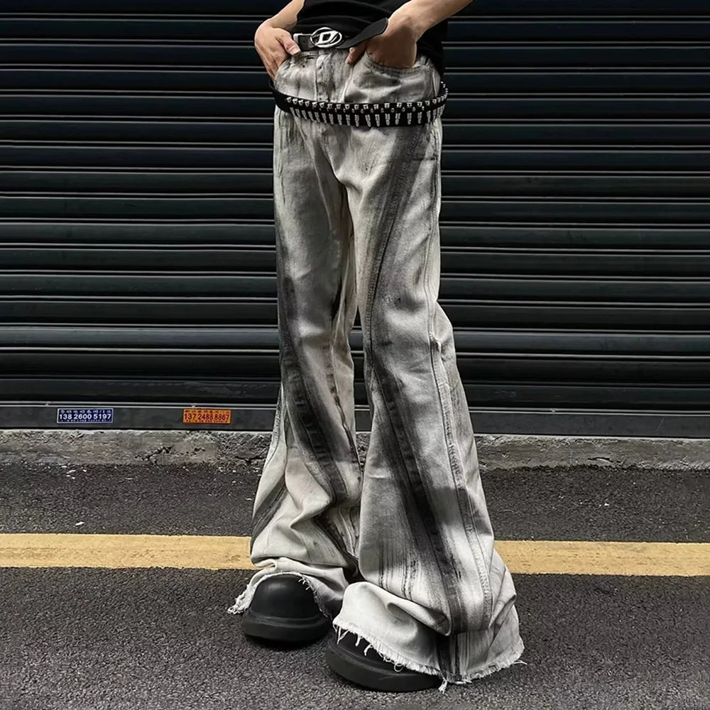 Hip Hop Men's Y2k Harajuku Contrast Color Gradient Flared Denim Trousers Retro Fashion Casual Trend High Street Men's Bottoms