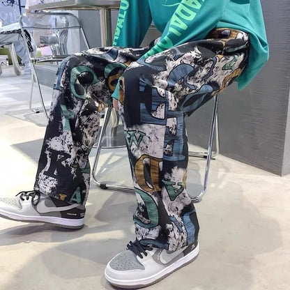 High Street Graffiti Tie-dye Pants Men Casual Loose Oversized Hip-hop Trousers Man American Straight Wide-leg Pants