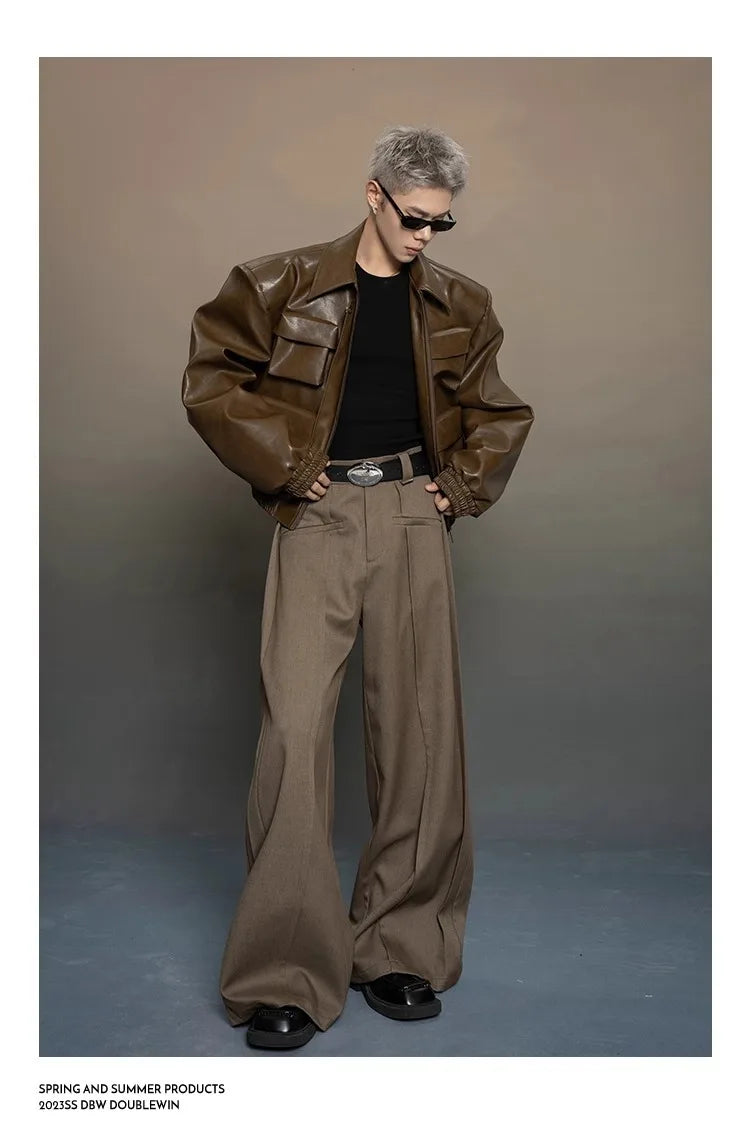 Y2K Mens PU Leather Jacket Pocket Motorcycle Coat Flip Collar Casual Gothic High Street Dark Silhouette Top Men's Wear 2025