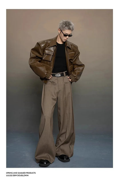 Y2K Mens PU Leather Jacket Pocket Motorcycle Coat Flip Collar Casual Gothic High Street Dark Silhouette Top Men's Wear 2025