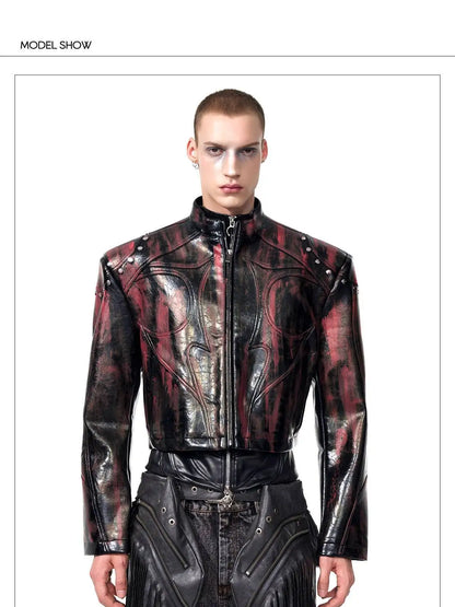 FEWQ High Street Men's PU Leather Jackets Stand Collar Shoulder Pads Dirty-dying Contrast Color Loose Male Short Coats 24K5621